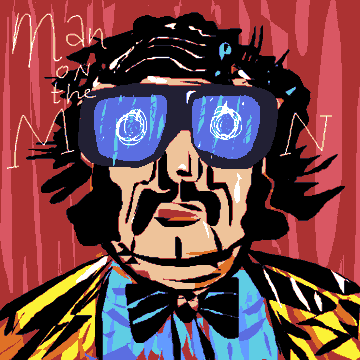 A stylized, colorful portrait of a man wearing sunglasses with concentric circle reflections and a bow tie, with the text 'Man on the Moon' written across the top.
