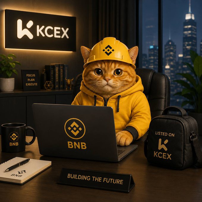 An orange tabby cat wearing a yellow hard hat and hoodie sits at a desk working on a laptop branded with the "BNB" logo, with a "KCEX" illuminated sign on the wall behind it. A small plaque on the desk reads "BUILDING THE FUTURE," and accessories including a BNB mug and a "LISTED ON KCEX" bag reinforce the post's #BNBCAT meme branding.