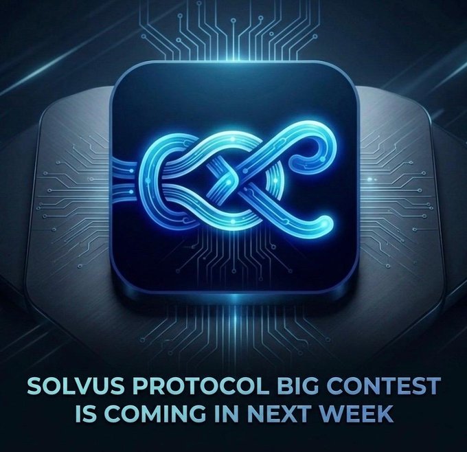 The image displays a glowing blue stylized infinity-like symbol on a dark circuit-board design, with the text "SOLVUS PROTOCOL BIG CONTEST IS COMING IN NEXT WEEK" below it, promoting an upcoming contest for the Solvus Protocol app available on Google Play.