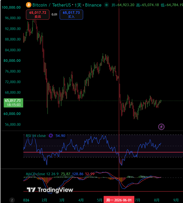 A TradingView chart of Bitcoin/USDT on Binance showing daily candles with prices around $65,017, including RSI (54.90) and MACD (75.87, 128.86, 52.99) indicators, with the date marked as Monday, 2026-06-01.