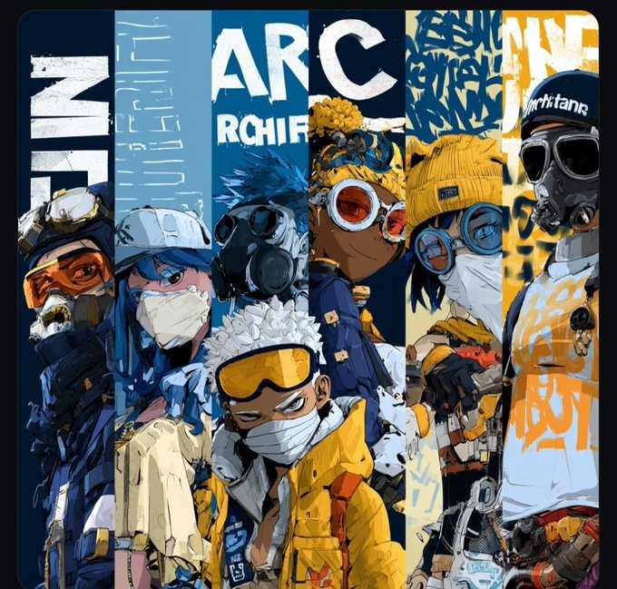 Artwork featuring several characters in winter gear, gas masks, and goggles with the text 'ARC' and 'ROHIF' visible in the background.