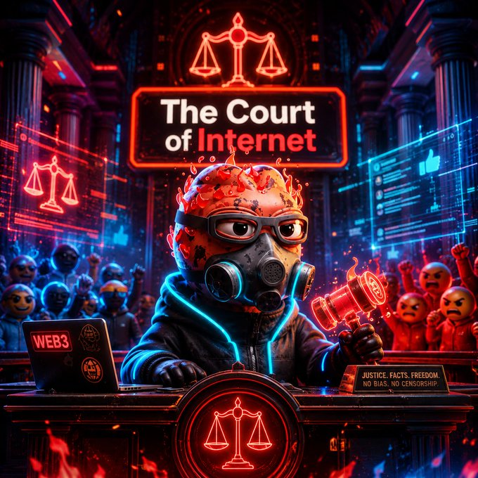 A stylized neon-lit illustration titled 'The Court of Internet' featuring a masked figure with a gas mask and laptop, holding a gavel, with a sign reading 'JUSTICE. FACTS. FREEDOM. NO BIAS. NO CENSORSHIP' and a 'WEB3' sticker.