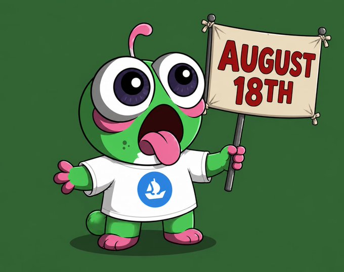 A cartoon illustration of a wide-eyed green frog-like character wearing a white shirt with a blue sailboat logo, holding a sign that reads 'AUGUST 18TH' against a green background.