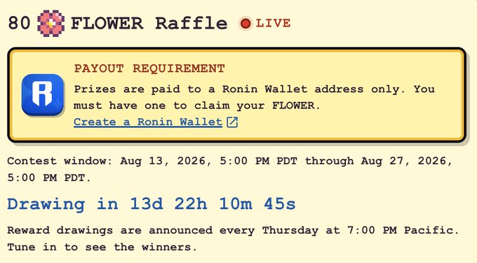 A webpage screenshot for an '80 FLOWER Raffle' showing it is 'LIVE', with a payout requirement note to use a Ronin Wallet, a contest window from Aug 13 to Aug 27, 2026, and a countdown reading 'Drawing in 13d 22h 10m 45s'.