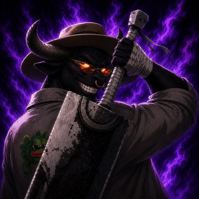 A menacing black minotaur character wearing a brown cowboy hat, orange-tinted sunglasses, and a nose ring wields a massive blood-stained sword against a backdrop of swirling purple flames. The image's dark, aggressive energy and "memecoin"-style mascot aesthetic tie into the post's announcement of a $ANSEM memecoin giveaway, visually hyping the launch with an intimidating, villainous vibe.