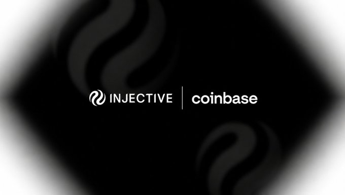A black promotional graphic featuring the Injective and Coinbase logos side by side, with faint flame-like watermarks in the background.