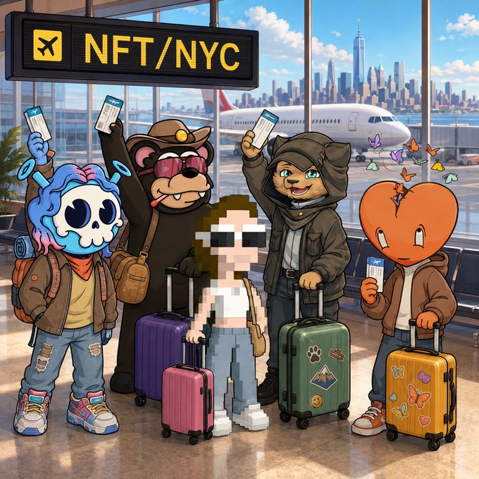 An illustrated scene at an airport gate labeled 'NFT/NYC' shows a group of cartoon characters holding tickets, including a skeleton, a bear, a cat, and a heart-headed figure, with the New York City skyline and an airplane visible through the window behind them.