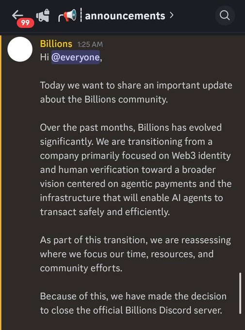 The image shows a screenshot of an announcement message from the Billions account. It appears to be a response to a social media post, which says "Hello Everyone! Today we want to share an important update about the Billions community." The post details that they have decided to close down the Discord server and announce members of the team who are leaving. This change in direction also mentions that after closing the server, the project will shut down as well. However, one element in the post is a spoiler: it is stated that "Discord has made the decision to shut down their Discord server". The message ends with an instruction for those remaining members to close the server. The main focus of this post is on the changes and decisions regarding the Billions community's social media presence.
