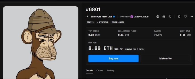 The image shows an NFT marketplace listing for Bored Ape Yacht Club #6801, with a top offer of 8.23 ETH, a collection floor of 8.61 ETH, and a last sale price of 8.61 ETH. This aligns with the post about whale "Machi" selling BAYC #6801 at 8.61 ETH to cover losses on his leveraged ETH long position.