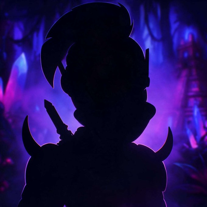 A mysterious silhouette of a horned primate warrior holding a weapon is shown against a glowing purple and blue mystical background, revealing only the outline of the character. This teaser image hints at the next highly anticipated 1/1 NFT giveaway from the Primates NFT collection, building excitement as it shadows the previous legendary piece nearing its conclusion.