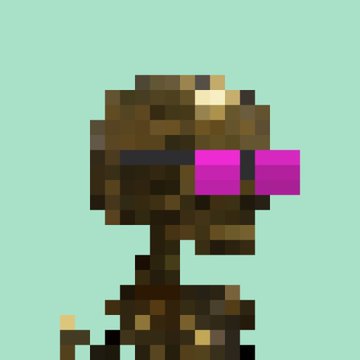 A pixel art style character with a dark body and bright pink/magenta sunglasses against a mint green background.