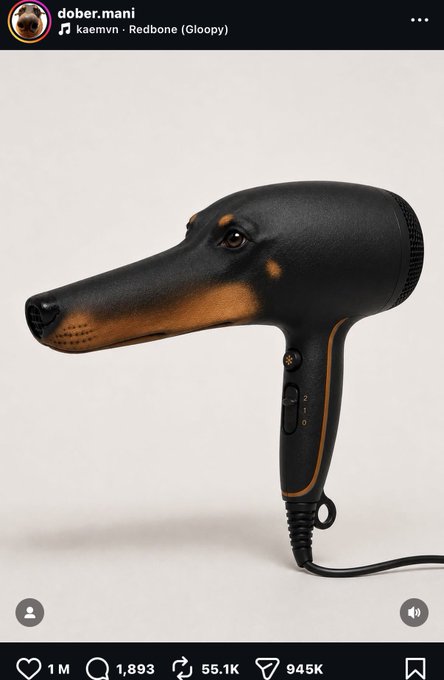 The image features a black and brown dog-shaped hair dryer with an attached cord, positioned against a white background. The caption of the image reads "mani the dogryer 68JLf66yV5jMXPZVJu6oxdaa2oJ6pZ3t4njMMUtbpump". This post seems to be about a person named "mani" who has created this unique and humorous hair dryer design.