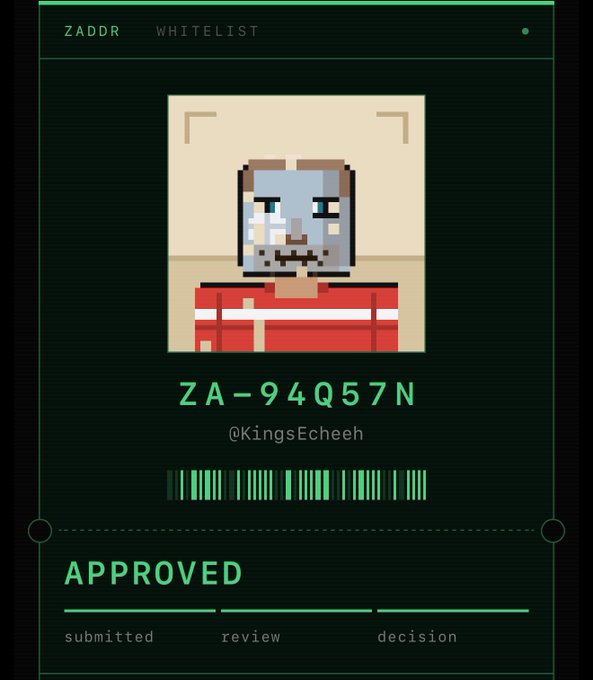 A digital 'ZADDR WHITELIST' approval card displaying a Minecraft-style character, the code 'ZA-94Q57N', handle '@KingsEcheeh', and an 'APPROVED' status with a barcode.
