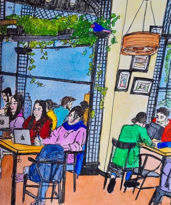 A colorful watercolor and ink sketch depicts a bustling café scene with patrons seated at tables using laptops, framed by large windows with hanging plants and a vibrant bird perched above, capturing the lively atmosphere of Parisian café culture. The accompanying caption congratulates @parisketchya for the artwork "Rosy Connection," which will be featured in a Metaverse exhibition by @Futurist_conf on July 21–22, bridging physical artistry with virtual exhibition spaces.