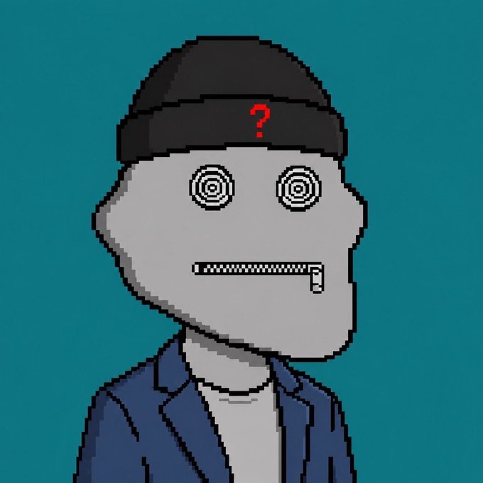 A pixel art character with a gray face, hypnotic spiral eyes, and a zipper-mouth wears a black beanie featuring a red "?" — fitting the chaotic, trolling energy of $TROLL coin.
