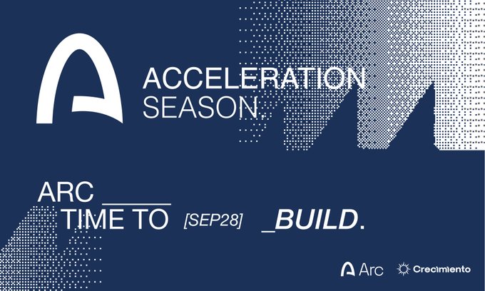 Promotional graphic for 'ACCELERATION SEASON' featuring the Arc logo, with text 'ARC TIME TO _BUILD.' dated '[SEP 28]' and Crecimiento branding on a dark blue background.
