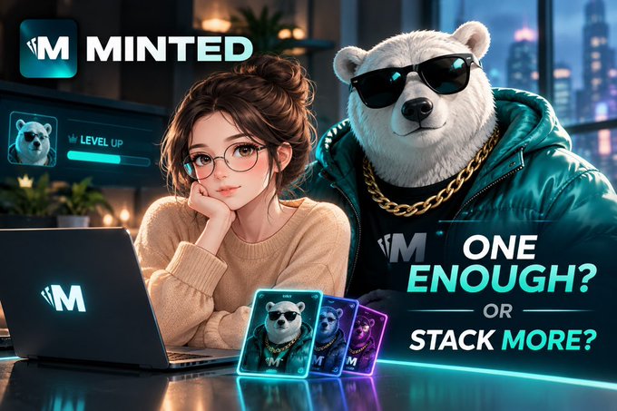 A promotional graphic featuring an anime-style woman and a sunglasses-wearing polar bear mascot with a gold chain, alongside the 'MINTED' logo, text reading 'ONE ENOUGH? OR STACK MORE?', and collectible cards.