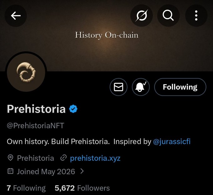Screenshot of the X (Twitter) profile page for @PrehistoriaNFT, verified with 5,672 followers, featuring the bio "Own history. Build Prehistoria. Inspired by @jurassicfi," which matches the post promoting the Prehistoria NFT collection minting on Ethereum with a supply of 1,111 at 0.002-0.003 ETH on OpenSea.