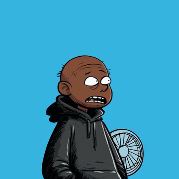 2D cartoon-style character with a brown egg-shaped head, wide eyes, and a grimacing mouth, wearing a black hoodie and holding a bicycle wheel against a blue background.