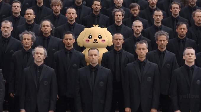 A group of identical-looking men in dark suits staring forward, with a single cartoon dog character (Chiikawa) edited into the center of the formation.