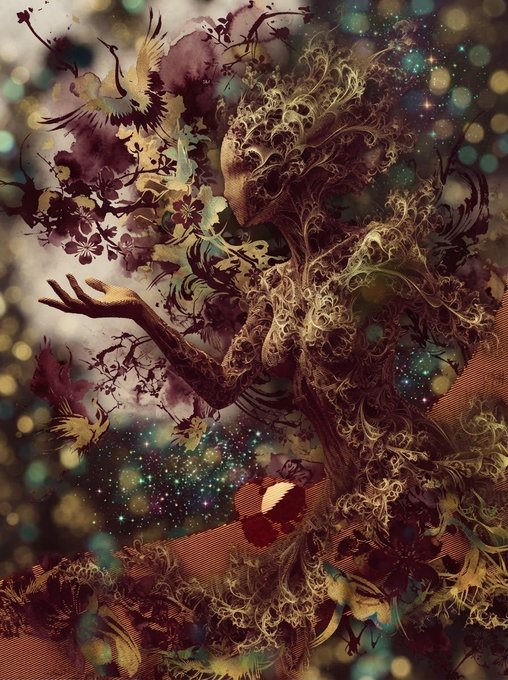 A surreal, detailed artwork depicting a figure merging with intricate, root-like patterns, flowers, and a bird against a dark, sparkling cosmic background.
