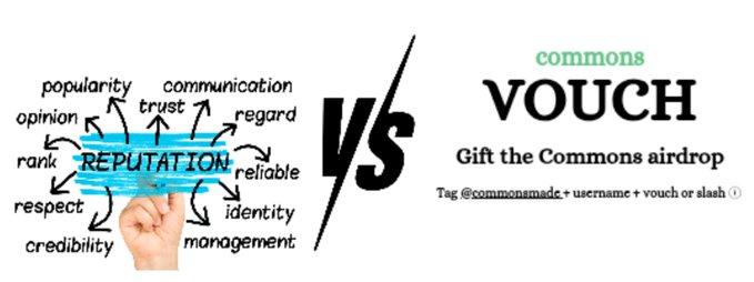 A graphic comparing 'REPUTATION' (with related terms like trust, popularity, credibility) versus 'commons VOUCH - Gift the Commons airdrop.'