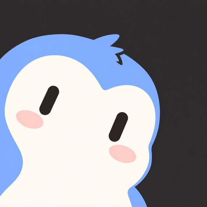 A simple cartoon drawing of a character with blue hair, large black oval eyes, and pink blush marks on a black background.
