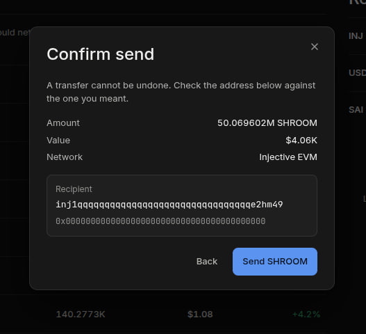 A 'Confirm send' dialog box for a cryptocurrency transaction of 50.069602M SHROOM (~$4.06K) on the Injective EVM network, with a recipient address and a blue 'Send SHROOM' button.