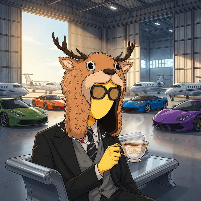 An illustration of an anthropomorphic deer character wearing a black suit, sunglasses, and a pearl necklace, sitting in a chair holding a teacup in a hangar filled with luxury sports cars and private jets.