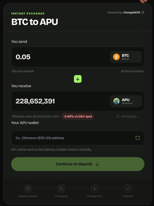 A ChangeNOW instant exchange interface showing a swap of 0.05 BTC to 228,652,391 APU tokens, with an effective price of $0.000001735/APU and a -3.48% vs DEX spot indicator.