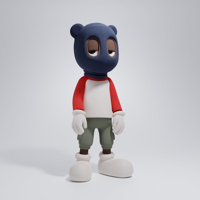 A 3D render of a similar bear-like figure wearing a dark blue knit balaclava, a red and white raglan shirt, olive green pants, and white gloves and shoes.