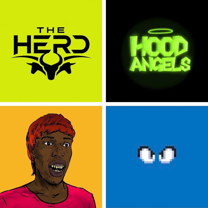 A four-panel collage featuring the logos 'THE HERD' on a yellow background, 'HOOD ANGELS' in green neon on a black background, a cartoon-style illustration of a person with red hair on an orange background, and pixelated pixel-art eyes on a blue background.