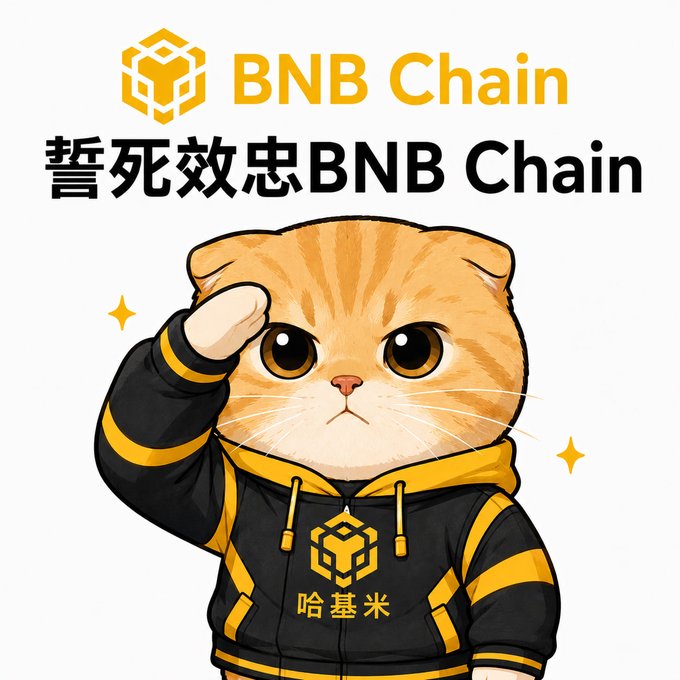 An orange tabby cat mascot wearing a black and yellow hoodie salutes beneath the "BNB Chain" logo and bold Chinese text reading "誓死效忠BNB Chain" (Swear loyalty to BNB Chain), with "哈基米" (Hajimi) displayed on the chest. The image reinforces the post's message by portraying Hajimi as a loyal, dedicated builder pledged to BNB Chain—emphasizing commitment over fleeting hype.