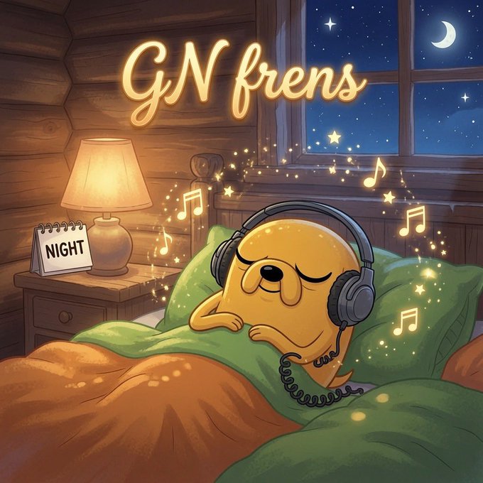 A cartoon illustration of a yellow dog wearing headphones, sleeping peacefully in bed with musical notes floating around, under the glowing text 'GN frens' with a 'NIGHT' calendar visible on a nightstand.