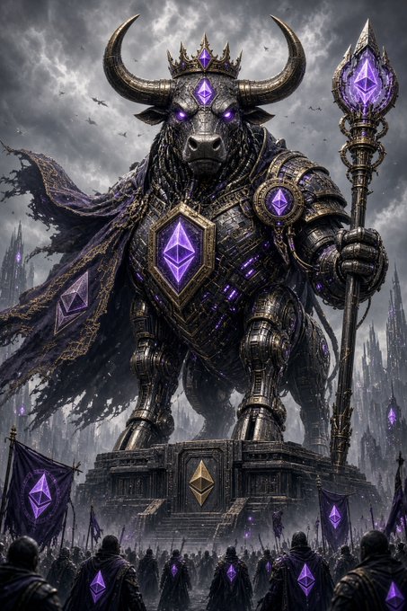A fantasy illustration of an armored bull wearing a crown and cape, holding a scepter with purple Ethereum (ETH) crystals, standing over a crowd bearing ETH flags.