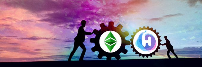 A silhouette illustration of two people pushing gears labeled with the Ethereum and Uniswap cryptocurrency logos against a vibrant sunset sky.