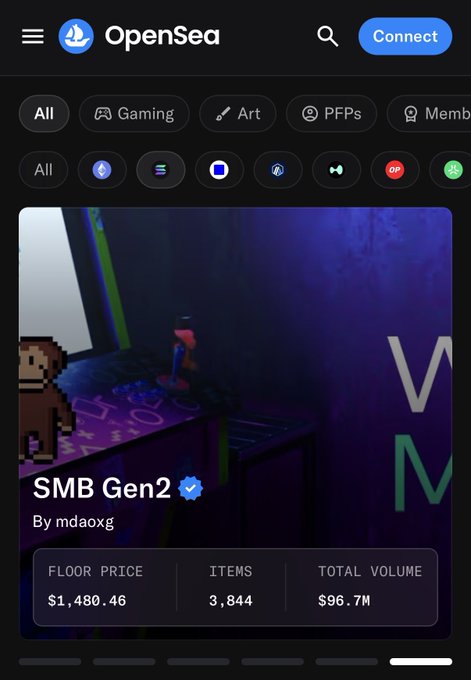 The OpenSea mobile app interface shows the 'SMB Gen2' NFT collection by mdaoxg with a floor price of $1,480.46, 3,844 items, and total volume of $96.7M.