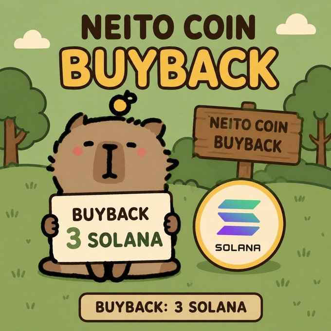 A cartoon capybara holds a "BUYBACK 3 SOLANA" sign next to a Solana logo and a "NEITO COIN BUYBACK" wooden sign, promoting a 3 SOL buyback initiative for $NEITO on the Solana network. The image visually reinforces the post's announcement of concrete development steps for $NEITO while emphasizing the project's commitment to remaining on Solana.