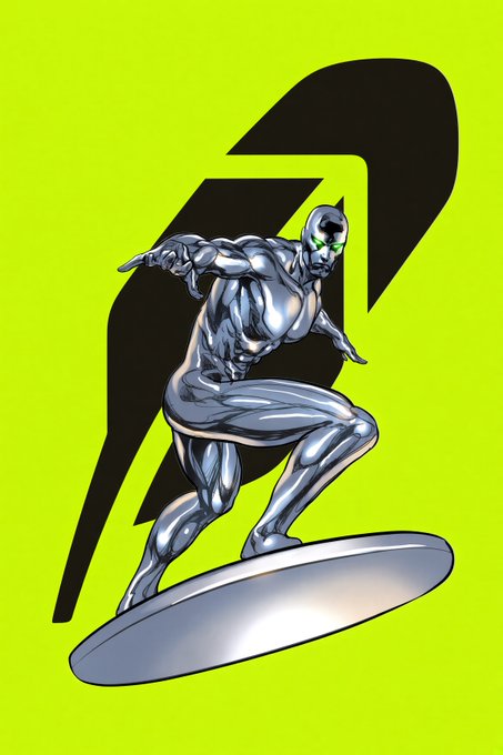 A comic-style digital illustration of the Silver Surfer character crouching on his silver surfboard with a black silhouette behind him, set against a bright yellow-green background.
