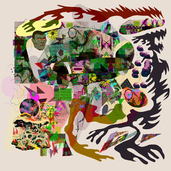 An abstract digital art collage filled with chaotic shapes, human figures, geometric patterns, and vibrant colors including greens, purples, and reds.