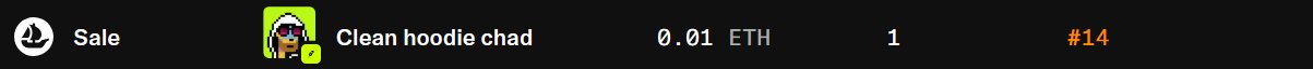 NFT marketplace listing showing a 'Clean hoodie chad' item up for sale at 0.01 ETH, marked as rarity #14.