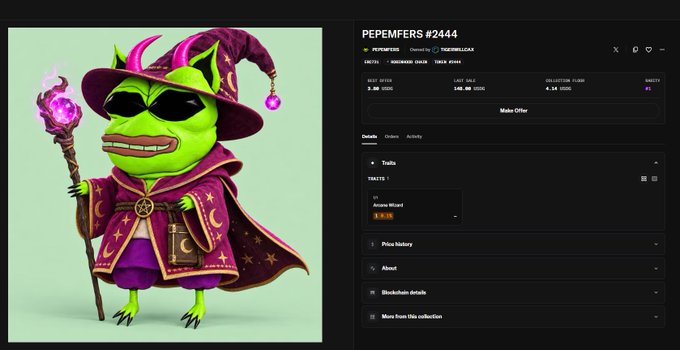 An NFT listing on OpenSea features a cartoon frog wizard named "PEPEMFERS #2444" with a best offer of 4.34 (≈$3,398) and a last sale price of 0.60 (≈$148), directly referencing the post's claim of a free mint now valued at $148.
