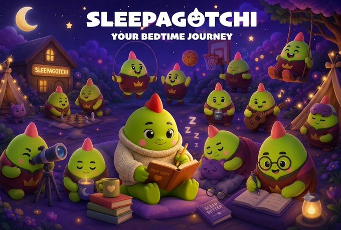 A promotional graphic for 'SLEEPAGOTCHI: YOUR BEDTIME JOURNEY' featuring multiple cute green characters with red tufts engaging in nighttime activities like reading, stargazing, and playing music under a starry sky.