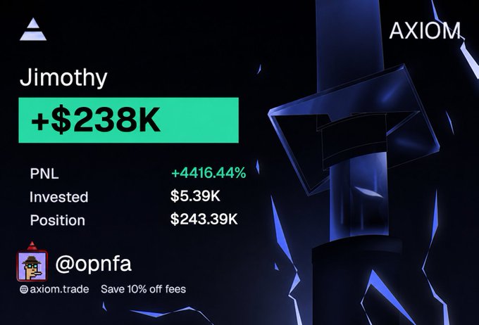 The image is a promotional graphic for Axiom featuring a trader named "Jimothy" with a +$238K gain (+4416.44% PNL) on a $5.39K investment, branded with "@opnfa" and offering "10% off fees" at axiom.trade. It appears to serve as a testimonial-style ad for Axiom, unrelated to the accompanying $SOL giveaway post, likely reused to promote the trading platform alongside the contest.