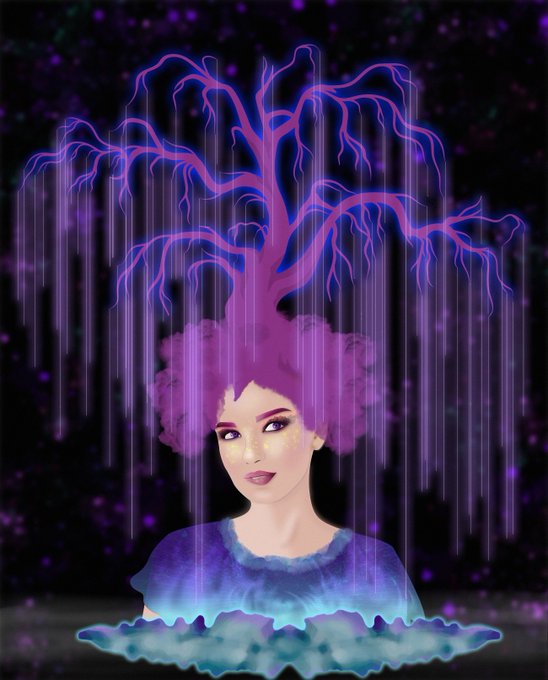A surreal digital artwork featuring a woman's face with purple hair transformed into a glowing, weeping willow-like tree with cascading purple tendrils against a dark starry background.