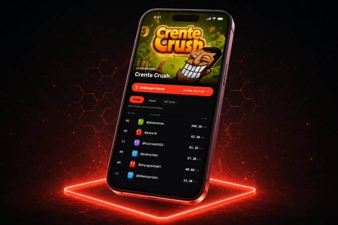 A 3D-rendered iPhone displaying the "Crente Crush" leaderboard app featuring a cartoon mascot and ranking friends like @danielcarow and @nwv10 with their respective scores.