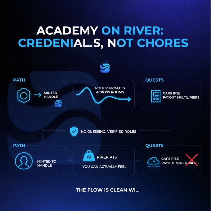 In this image, there's a poster titled "Academy On River: Credentials, Not Chores" with information about the Academy's policies and user experience. It includes two paths - one for "Path" and another for "Minted Handle". The main content of the post explains that the Academy uses a unique flow to clean itself and it is not related to the chores you might have been thinking about, like badges or payment, but rather offers rewards for completed tasks or courses. This post aims to emphasize the cleanliness and efficiency of the Academy's policies and processes over traditional mundane expectations.