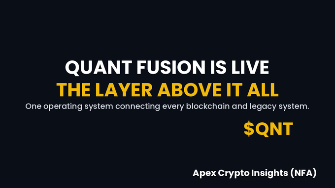 The image is a dark-themed promotional graphic announcing "QUANT FUSION IS LIVE — THE LAYER ABOVE IT ALL," with the tagline "One operating system connecting every blockchain and legacy system" and the ticker "$QNT" highlighted in yellow, visually reinforcing the post's message about Quant positioning itself as an overarching infrastructure layer rather than a direct XRP competitor. A disclaimer at the bottom reads "Apex Crypto Insights (NFA)."