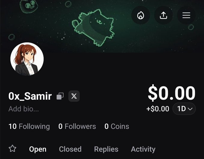 A Polymarket profile page for user "0x_Samir" showing $0.00 balance, 10 following, 0 followers, and 0 coins, with an anime-style avatar of a brown-haired woman in a suit.