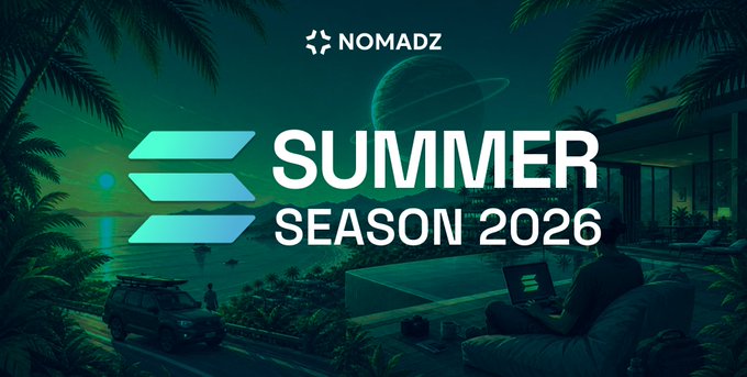 A moody tropical scene features a person working on a laptop by a poolside at night, with a ringed planet and silhouetted palm trees overhead, overlaid with the Nomadz logo and the text "SUMMER SEASON 2026" to promote their Solana-based hotel booking rewards campaign.